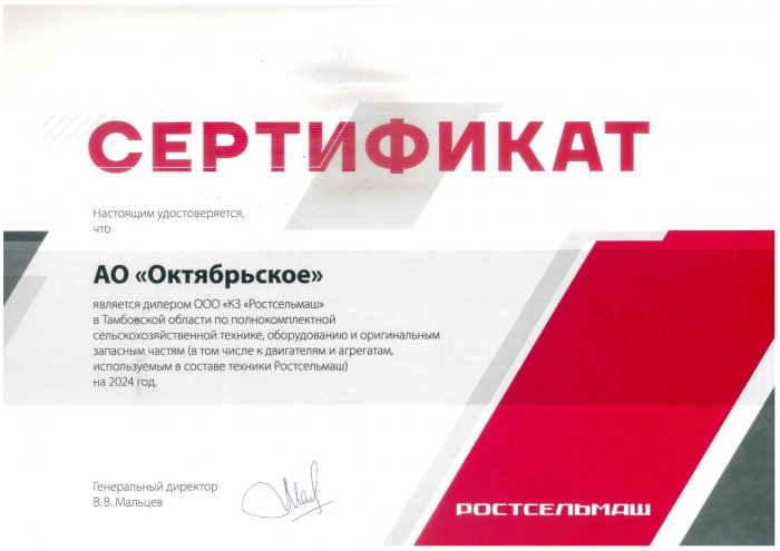 Дилерский сертификат 2024 Тамбовская область